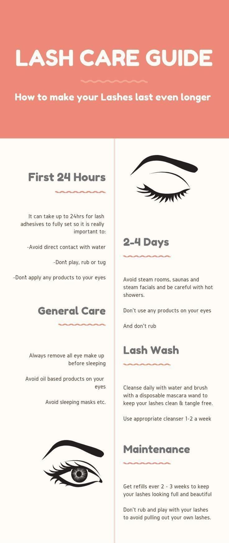 Lash care guide infographic from Atelier de Lashes covering the first 24 hours, 2 to 4 days, general care, lash wash and maintenance